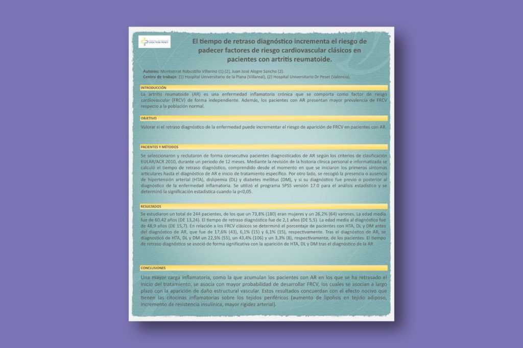 El tiempo de retraso diagnóstico incrementa el riesgo de padecer factores de riesgo cardiovascular clásicos en pacientes con Artritis Reumatoide