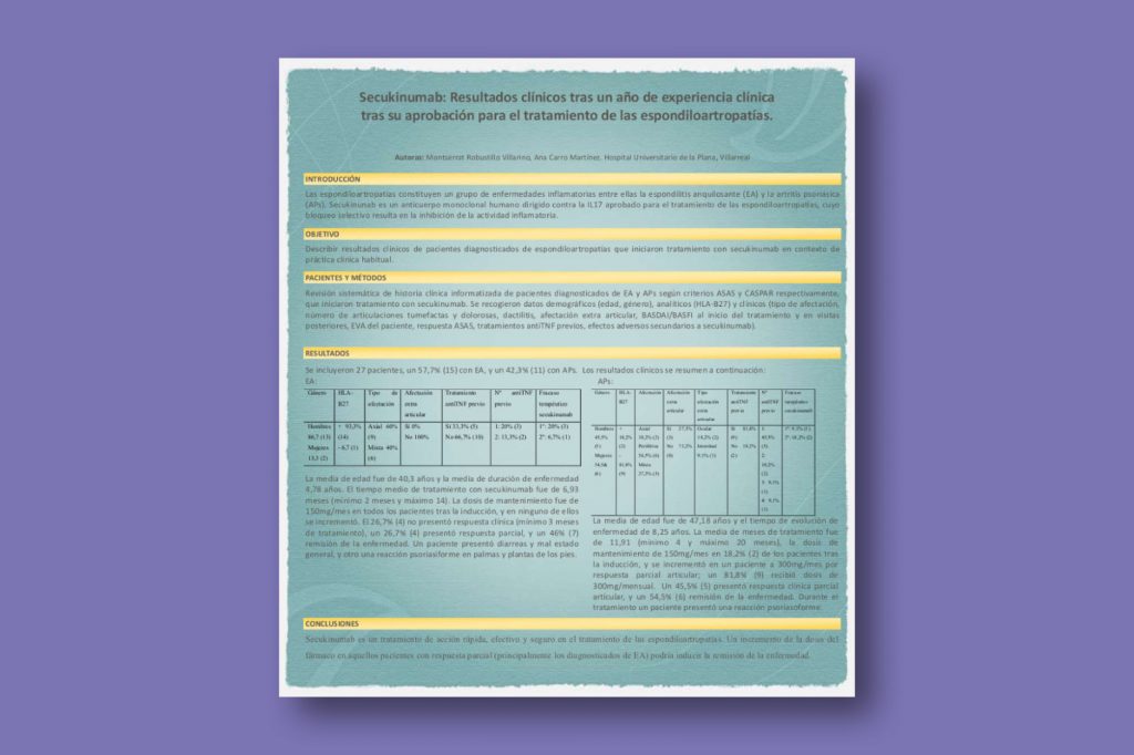 Secukinumab: resultados clínicos tras un año de experiencia clínica tras su aprobación para el tratamiento de las Espondiloartropatías