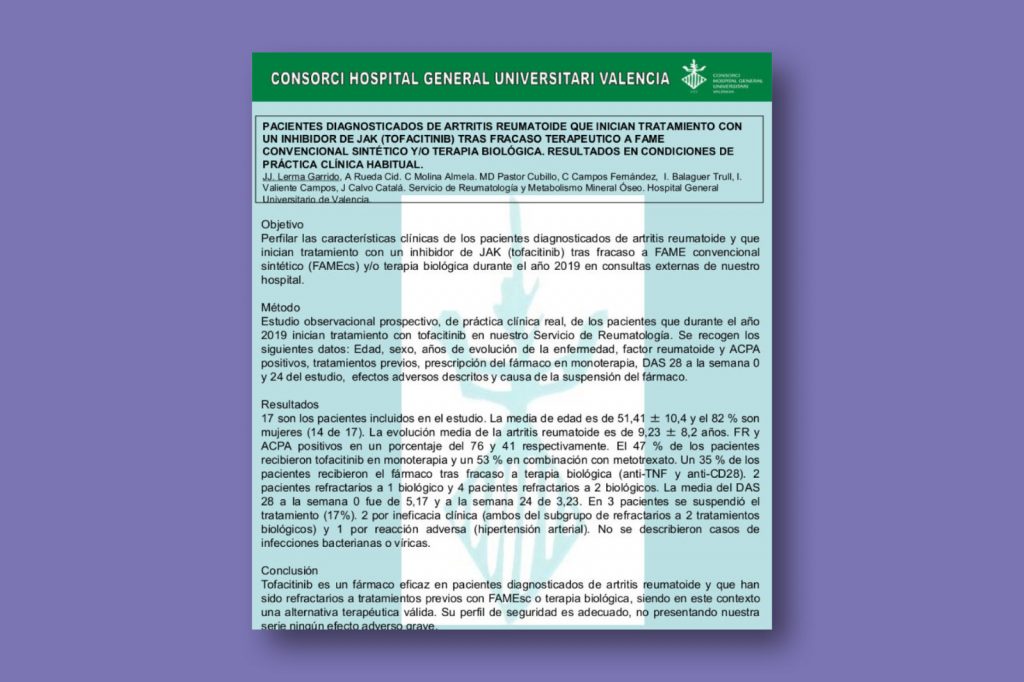 Pacientes diagnosticados de artritis reumatoide que inician tratamiento con un inhibidor de JAK (tofacitinib) tras fracaso terapéutico a FAME convencional sintético y/o terapia biológica. Resultados en condiciones de práctica clínica habitual