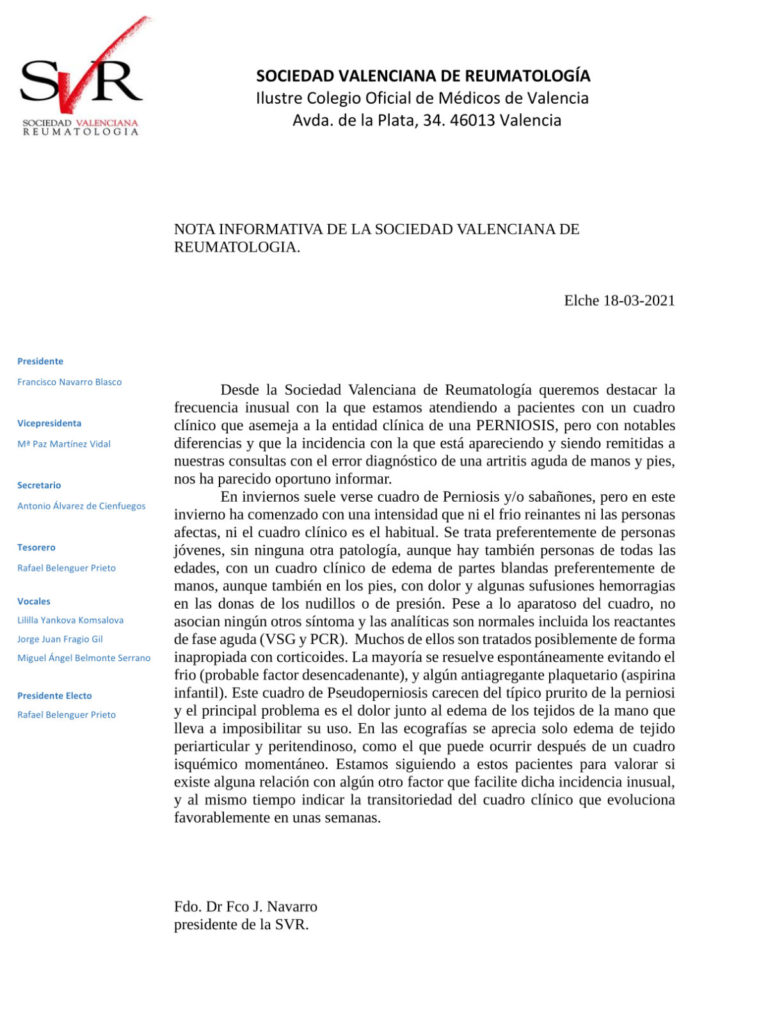 Nota informativa de la SVR: frecuencia inusual de perniosis